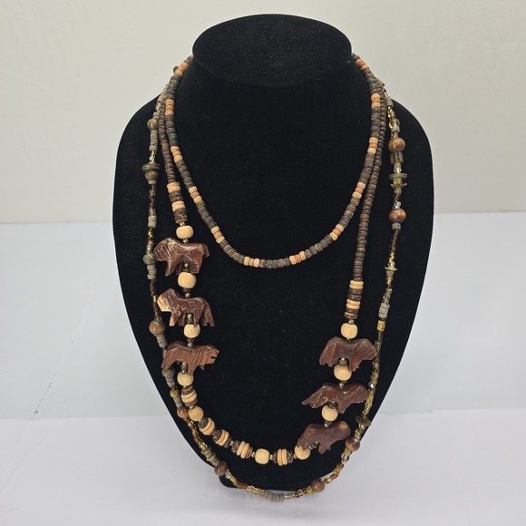 Jewelry - Hand Carved Wood Lion Bead Layered Necklace Brown Tan Earthy Boho Safari Style